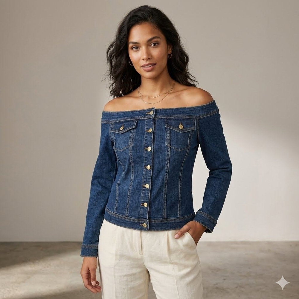 Vintage‎ Collection Womens Off Shoulder Denim  Dark Wash Turquoise Buttons S